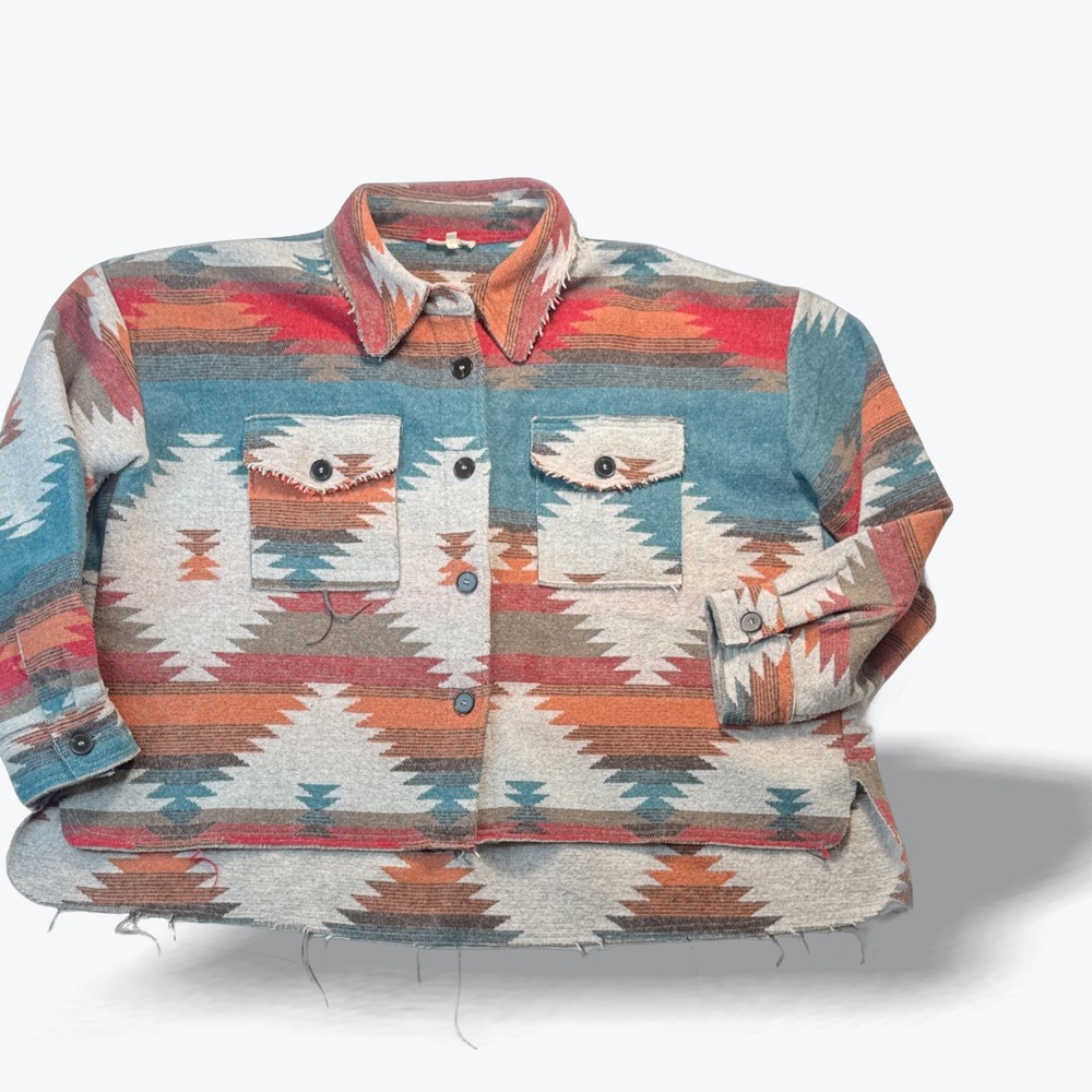 La Miel Southwestern Aztec Shacket Large Teal Rust Frayed Hem Button Down Jacket